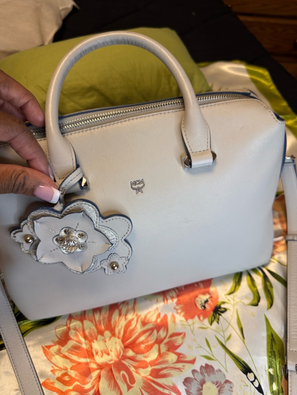 MCM Ella Cherry Blossom Leather Satchel / Crossbody Bag – Light Blue